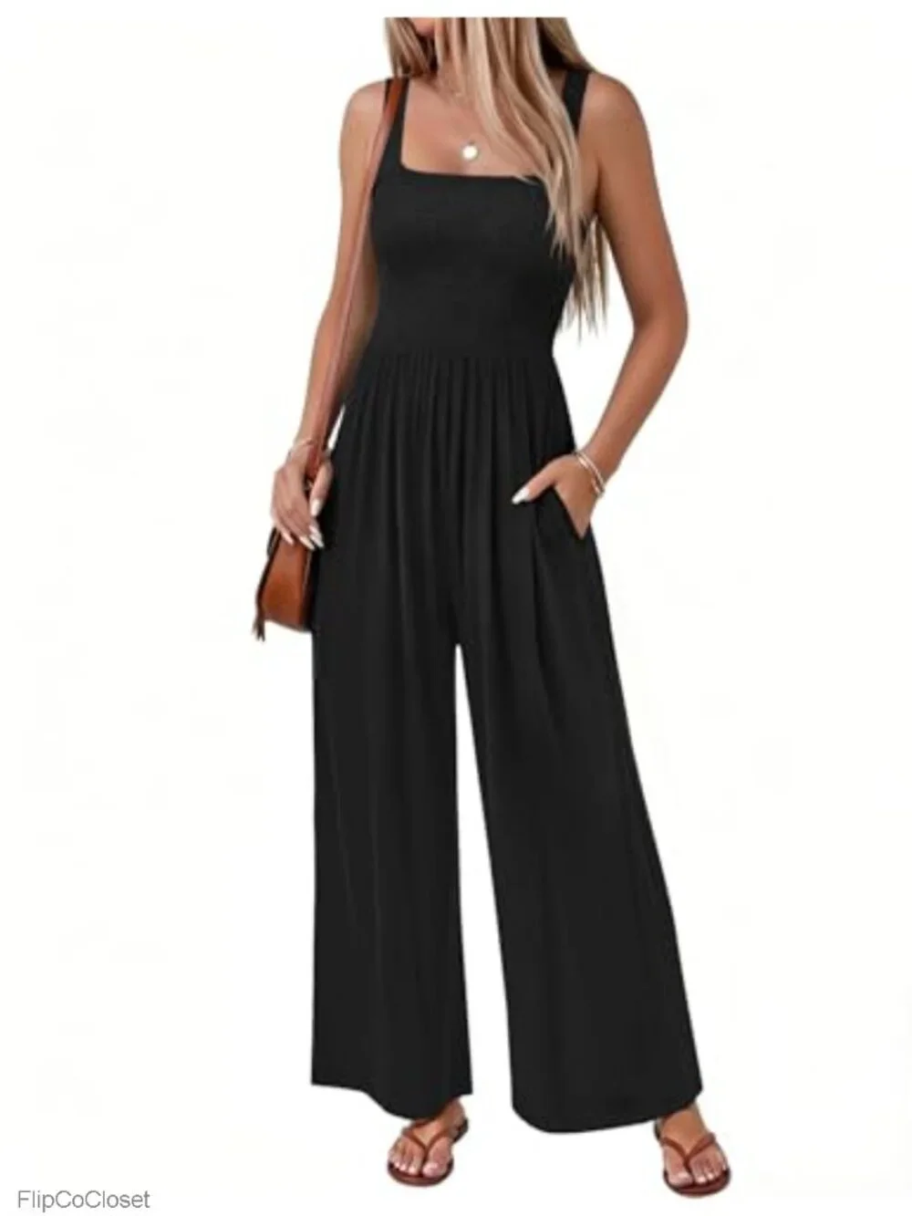 Sleeveless Boho Wide Leg Jumpsuit Smocked Romper with Pockets